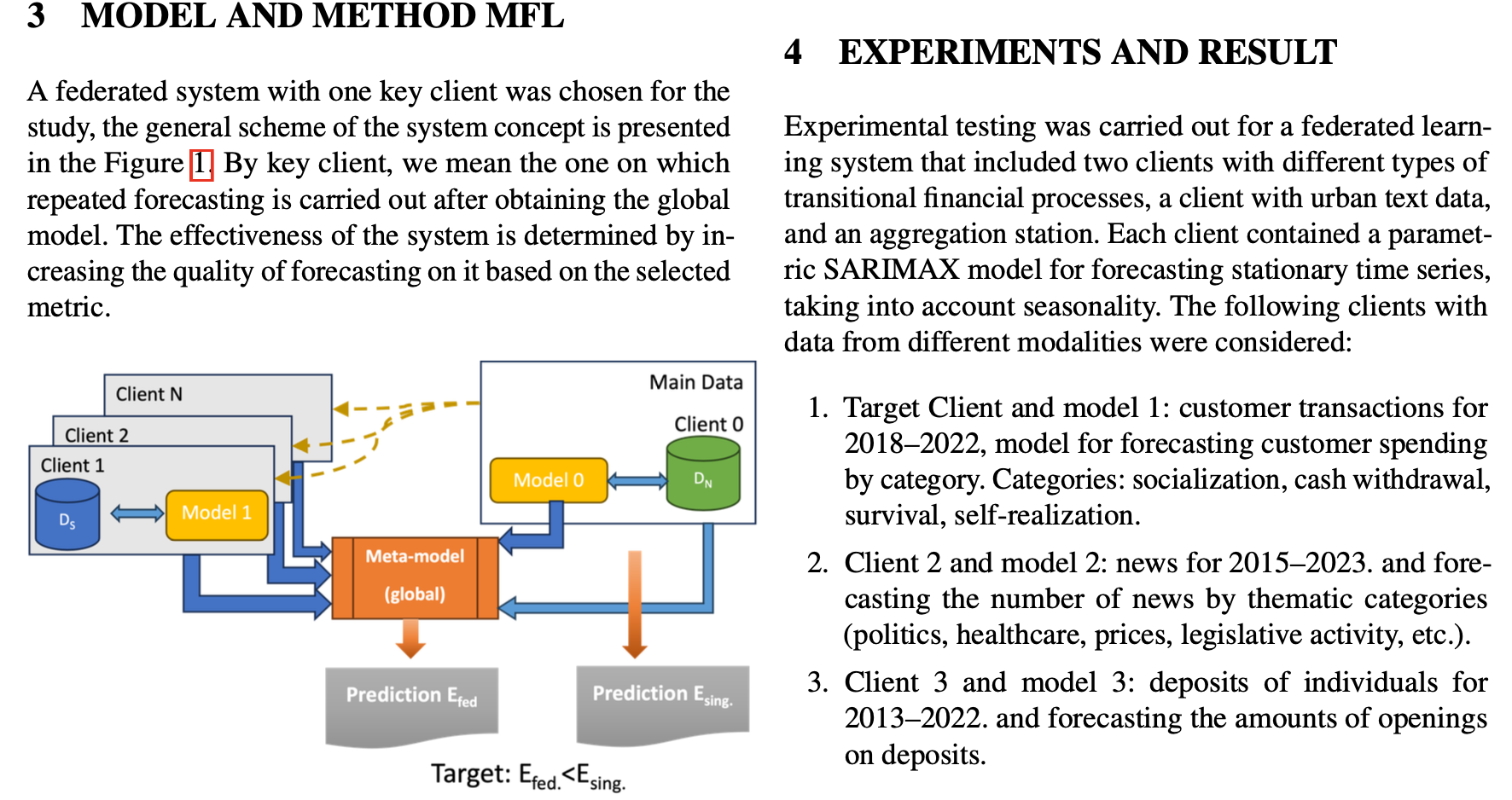 Diagram of the multimodal federated learning system with three clients, a global meta-model, and prediction outputs
