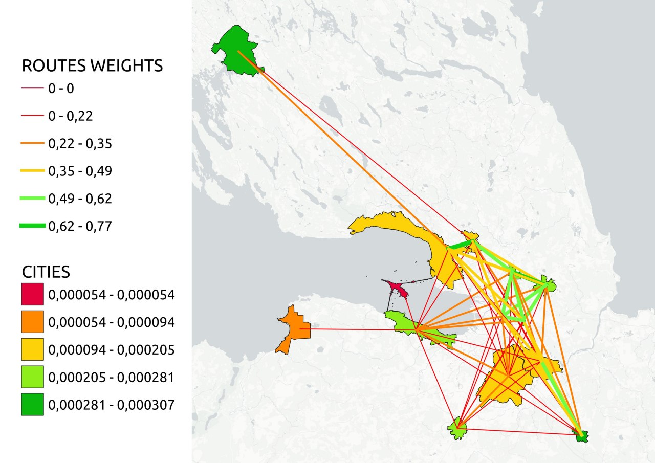 Map of cities and intercity connections coloured by city values and route weights