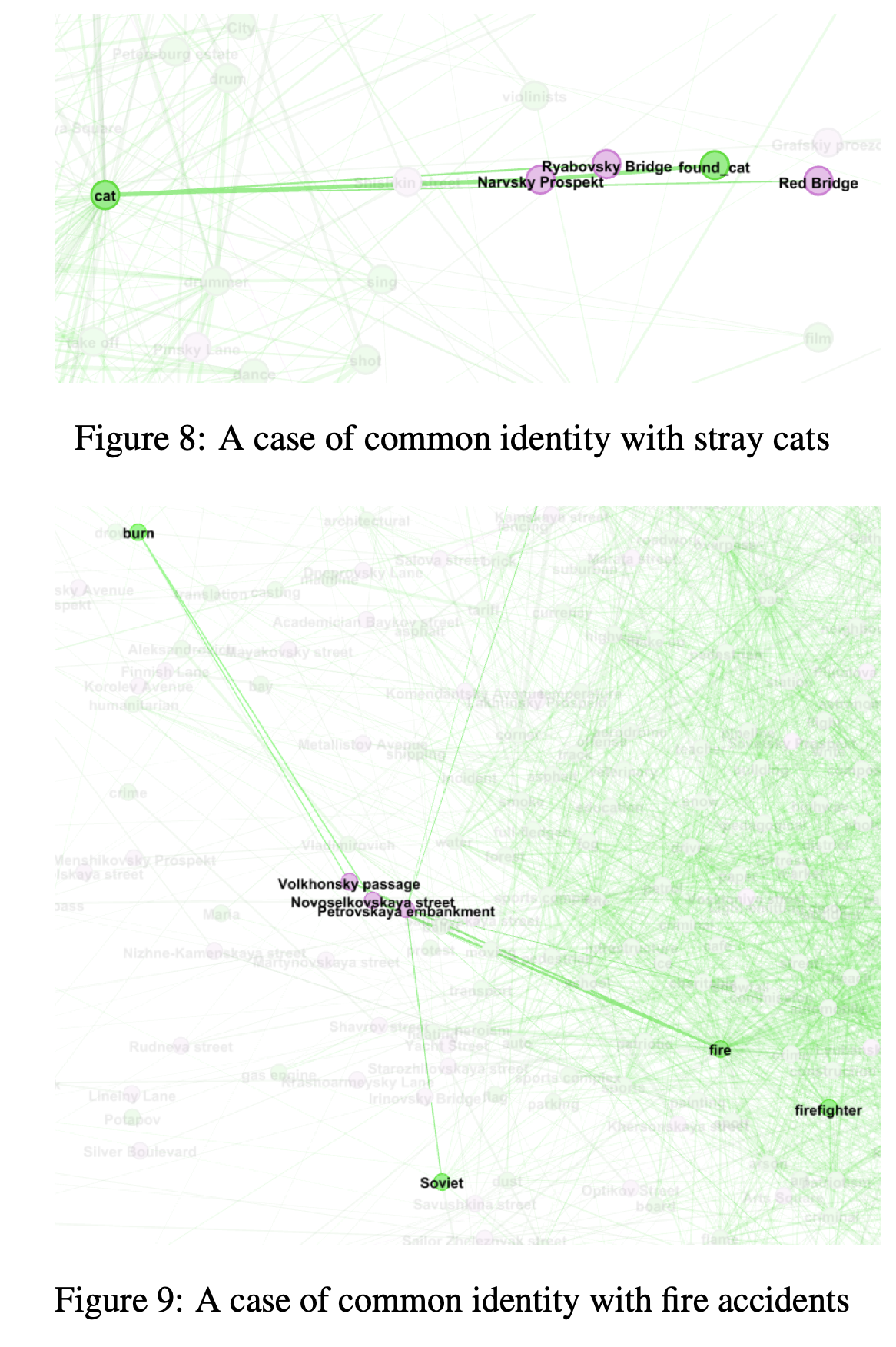 Spatial semantic graph examples of common urban identity associated with stray cats and fire accidents