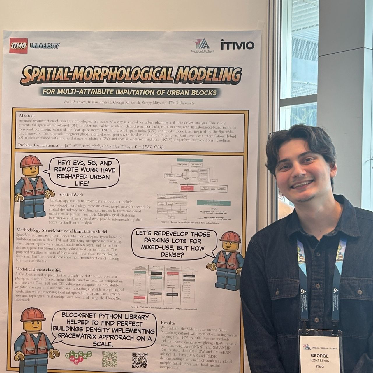 George Kontsevik with the Spatial-Morphological Modeling for Multi-Attribute Imputation of Urban Blocks poster at AAAI 2026